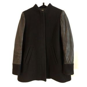 Maje Black Coat with Leather Sleeve Detail